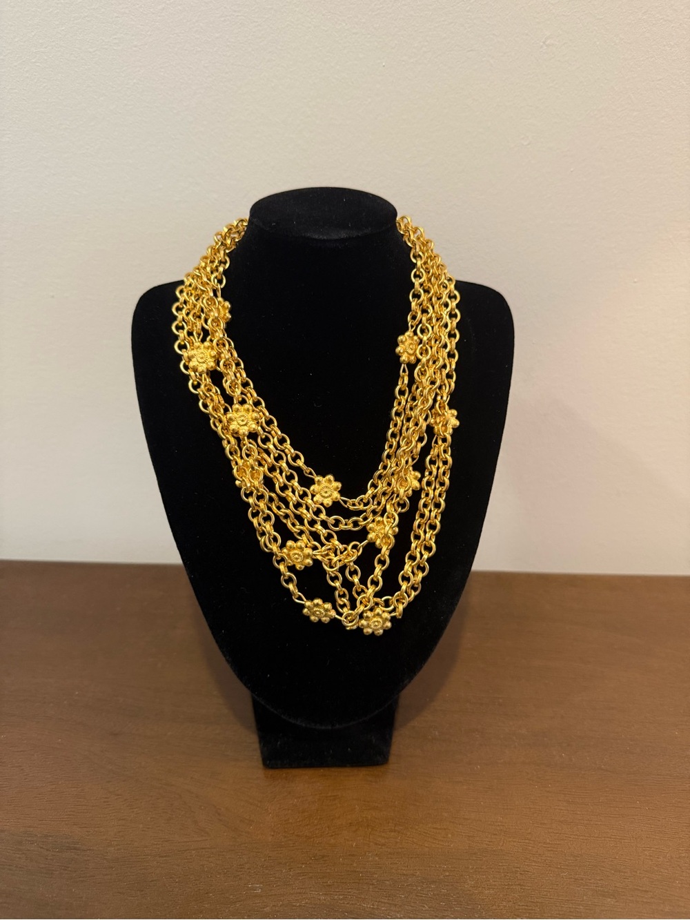 Vintage Karl Lagerfeld Multi-Strand Gold Tone Floral Motif Necklace.